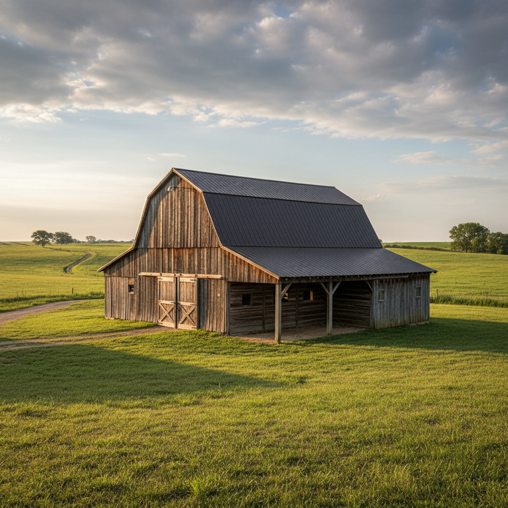 A sturdy, weathered wooden barn with exposed cedar timbers and dark metal roofing stands proudly atop a gently sloping, lush green pasture. Rustic wooden sliding doors, accented by wrought-iron hardware, are partially ajar, revealing organized interior framing. Sunlight filters through a dramatic Kansas morning sky, casting elongated shadows and highlighting the barn’s rough texture and earthy tones. The composition is eye-level and wide, using the rule of thirds to emphasize the barn’s robust presence and the expansive rural landscape. The mood is peaceful and enduring, evoking the heritage of rural craftsmanship. The style is photographic realism with crisp detail and natural color balance, aligning with the ethos of a trustworthy, down-to-earth construction company.