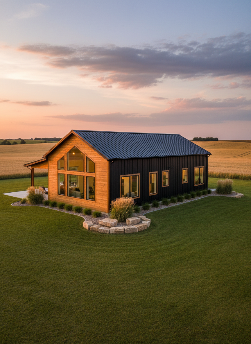 A modern barndominium blending natural timber siding and sleek matte-black steel cladding, set on a spacious, well-manicured lot overlooking rolling Kansas fields. Large picture windows reflect golden-hour sunlight, producing a warm, welcoming glow with gentle rim lighting along window frames. Landscaped native grasses and thoughtfully arranged stonework surround the structure, adding texture and context. Photographed from a slightly elevated angle, the composition balances symmetry and openness, with sharp focus throughout to showcase construction precision. The mood conveys modern comfort mixed with rural charm. The artistic style is clean, contemporary, and vividly realistic, ideal for a premium construction company’s portfolio.