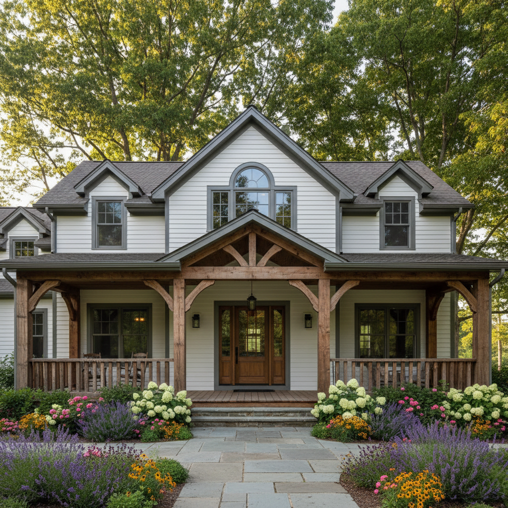 A finished bespoke farmhouse home with crisp white clapboard siding, bold charcoal trim, and a classic front gable, nestled against a backdrop of tall, mature maples. An extended timber porch with decorative corbels and handcrafted railings spans the entryway, catching the soft, diffused afternoon light that highlights rich wood textures and deep architectural lines. The surroundings include a rustic stone path and vibrant flower beds. Captured at eye level with centered composition and shallow depth of field, the image spotlights the home’s inviting entry while softening the leafy surroundings for a serene, welcoming mood in a polished, realistic style.