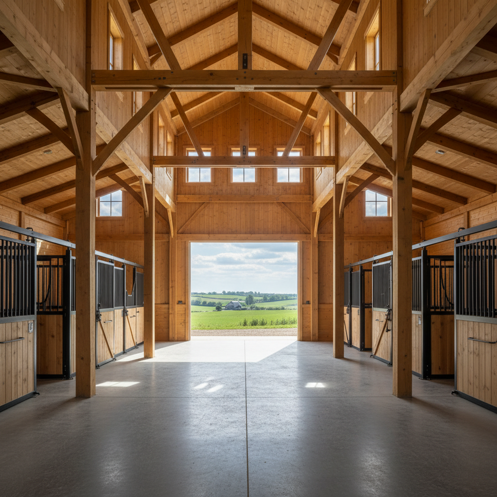 An interior view of a newly built, timber-framed barn, where robust, honey-toned wooden beams and trusses form intricate geometric patterns overhead. The polished concrete floor reflects natural light streaming through tall clerestory windows, creating a play of shadows and highlights across the sturdy support posts. Stalls and storage areas are defined by crisp pine paneling and powder-coated steel accents. Captured from the rear of the barn, looking toward an open double door that frames the distant countryside, the composition uses sharp focus and symmetrical lines to emphasize spaciousness and structural beauty. The mood is bright, functional, and quietly impressive, rendered in clean, photographic realism.
